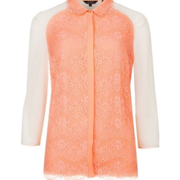 Ted Baker London Abra Lace Neon Coral Blouse - Picture 2 of 7